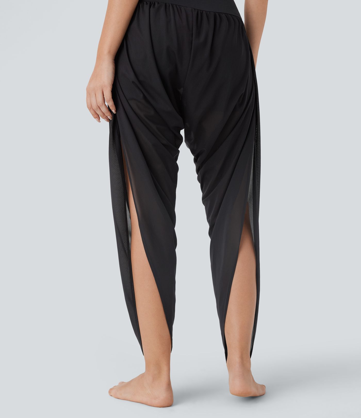 High Waisted 2-in-1 Side Pocket Ruched Contrast Mesh Split Yoga Joggers