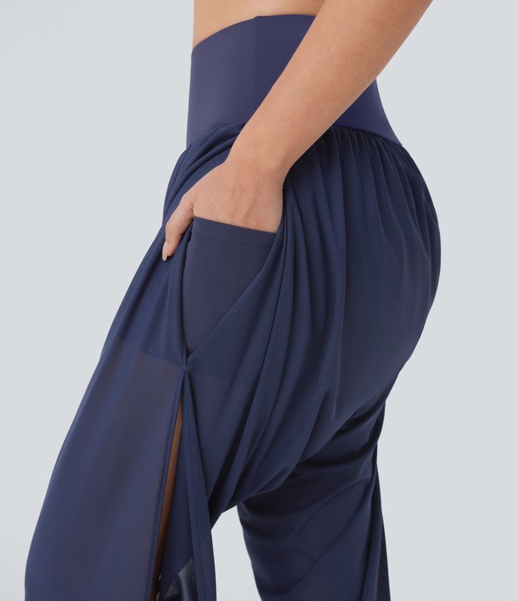 Pantalon de yoga deux-en-un à taille haute avec poches latérales, fronces et empiècements en résille contrastée