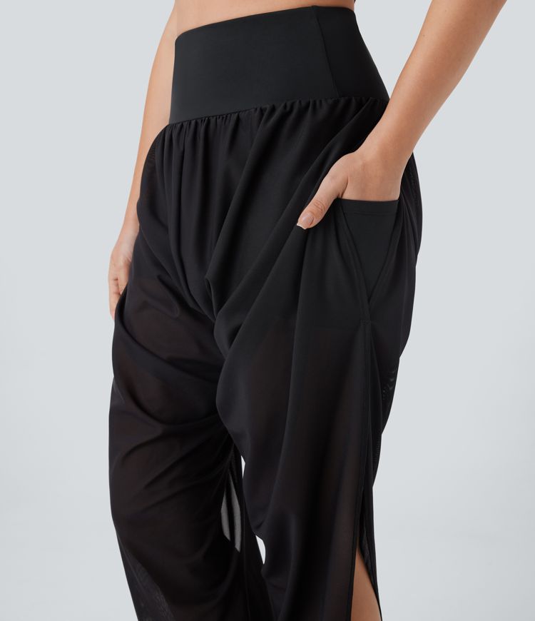 High Waisted 2-in-1 Side Pocket Ruched Contrast Mesh Split Yoga Joggers