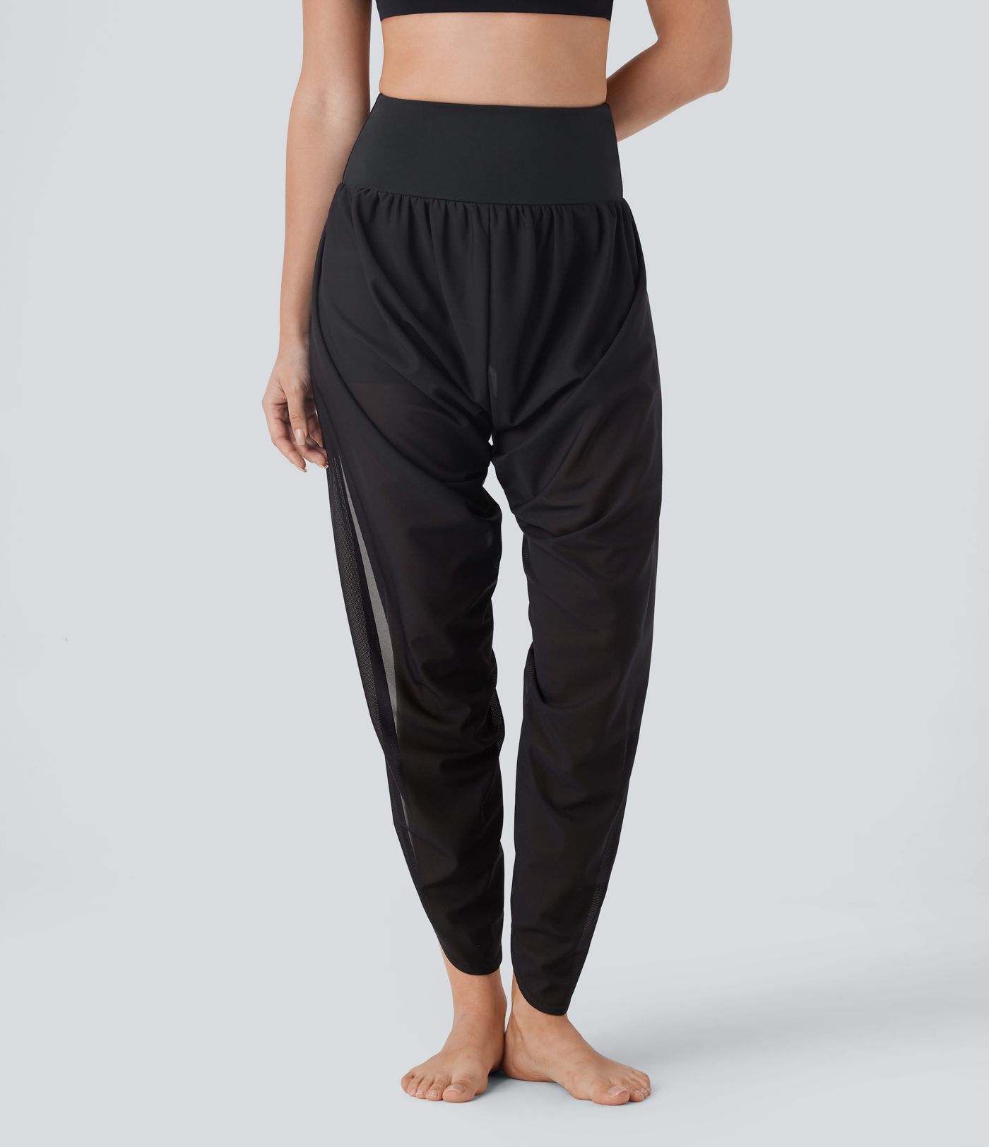 High Waisted 2-in-1 Side Pocket Ruched Contrast Mesh Split Yoga Joggers