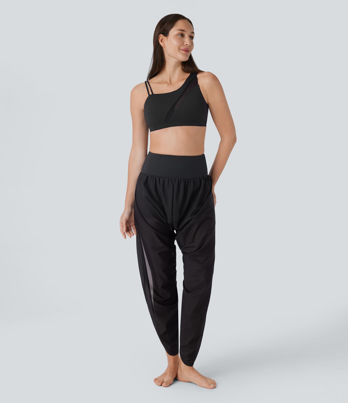 High Waisted 2-in-1 Side Pocket Ruched Contrast Mesh Split Yoga Joggers