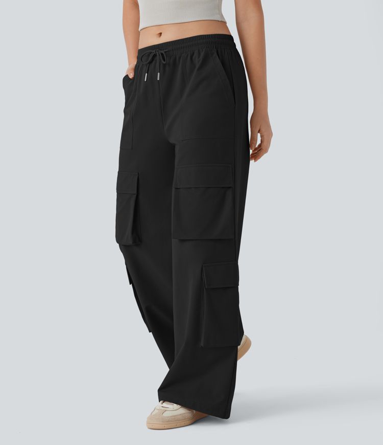 Mid Rise Drawstring Pockets Wide Leg Cargo Casual Pants