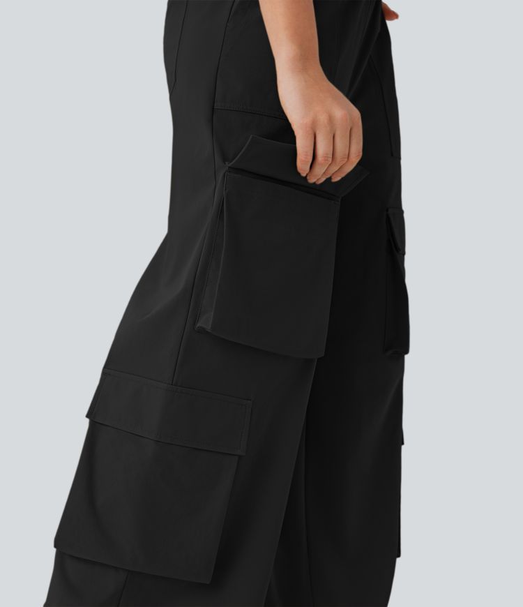 Mid Rise Drawstring Pockets Wide Leg Cargo Casual Pants