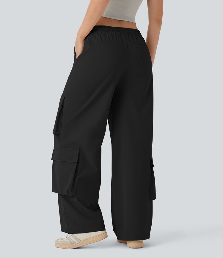 Mid Rise Drawstring Pockets Wide Leg Cargo Casual Pants
