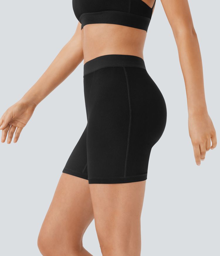 High Stretch Ribbed Knit High Waisted Lounge Biker Shorts 5''