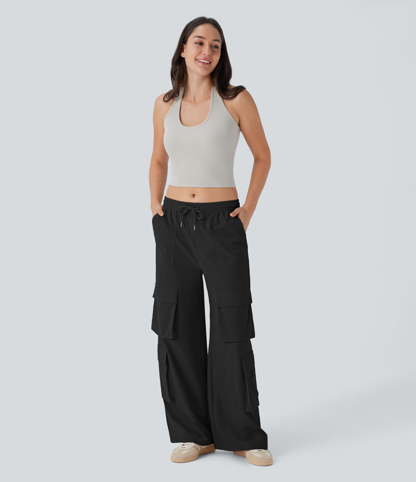 Mid Rise Drawstring Pockets Wide Leg Cargo Casual Pants