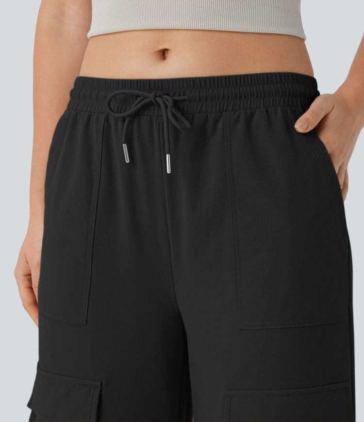 Mid Rise Drawstring Pockets Wide Leg Cargo Casual Pants