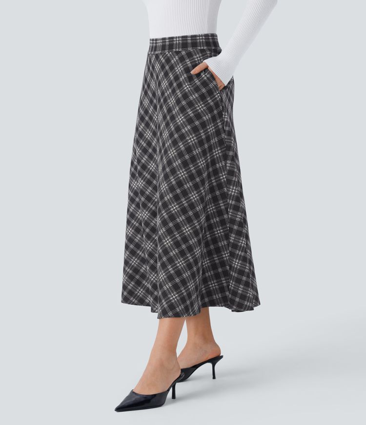 High Waisted Pocket Houndstooth Plaid Flare Midi Casual Skirt