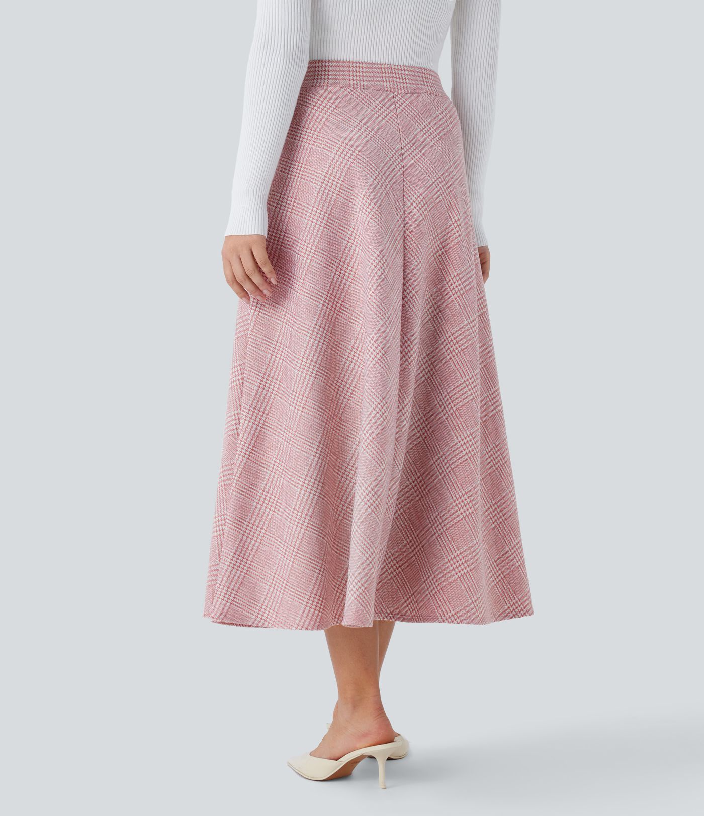 High Waisted Pocket Houndstooth Plaid Flare Midi Casual Skirt