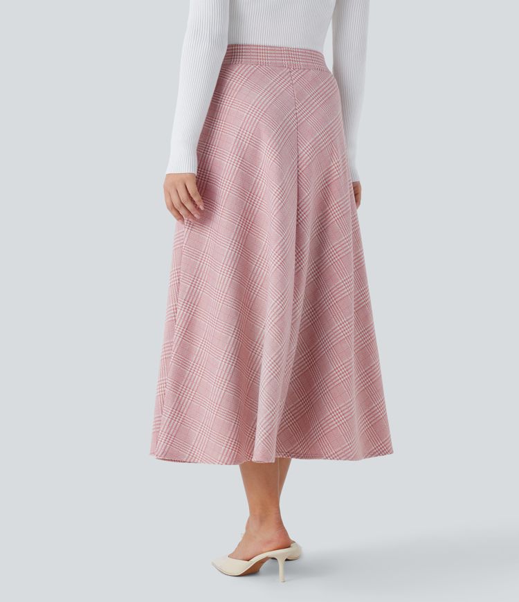 High Waisted Pocket Houndstooth Plaid Flare Midi Casual Skirt
