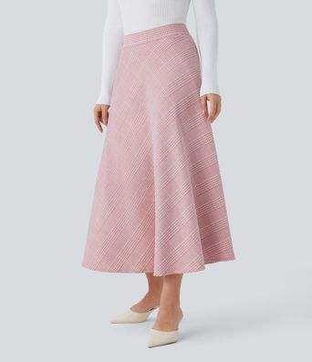 High Waisted Pocket Houndstooth Plaid Flare Midi Casual Skirt