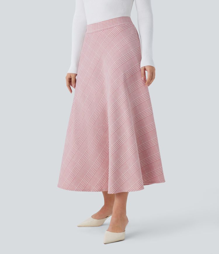 High Waisted Pocket Houndstooth Plaid Flare Midi Casual Skirt