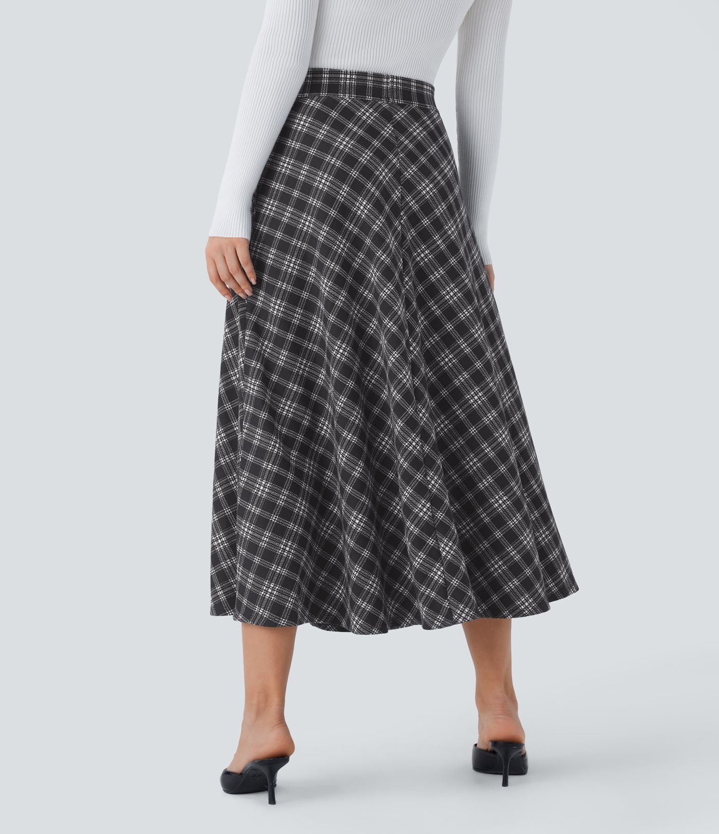 High Waisted Pocket Houndstooth Plaid Flare Midi Casual Skirt