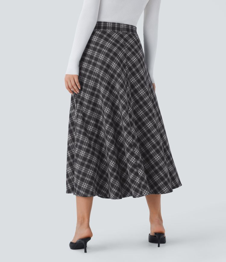High Waisted Pocket Houndstooth Plaid Flare Midi Casual Skirt