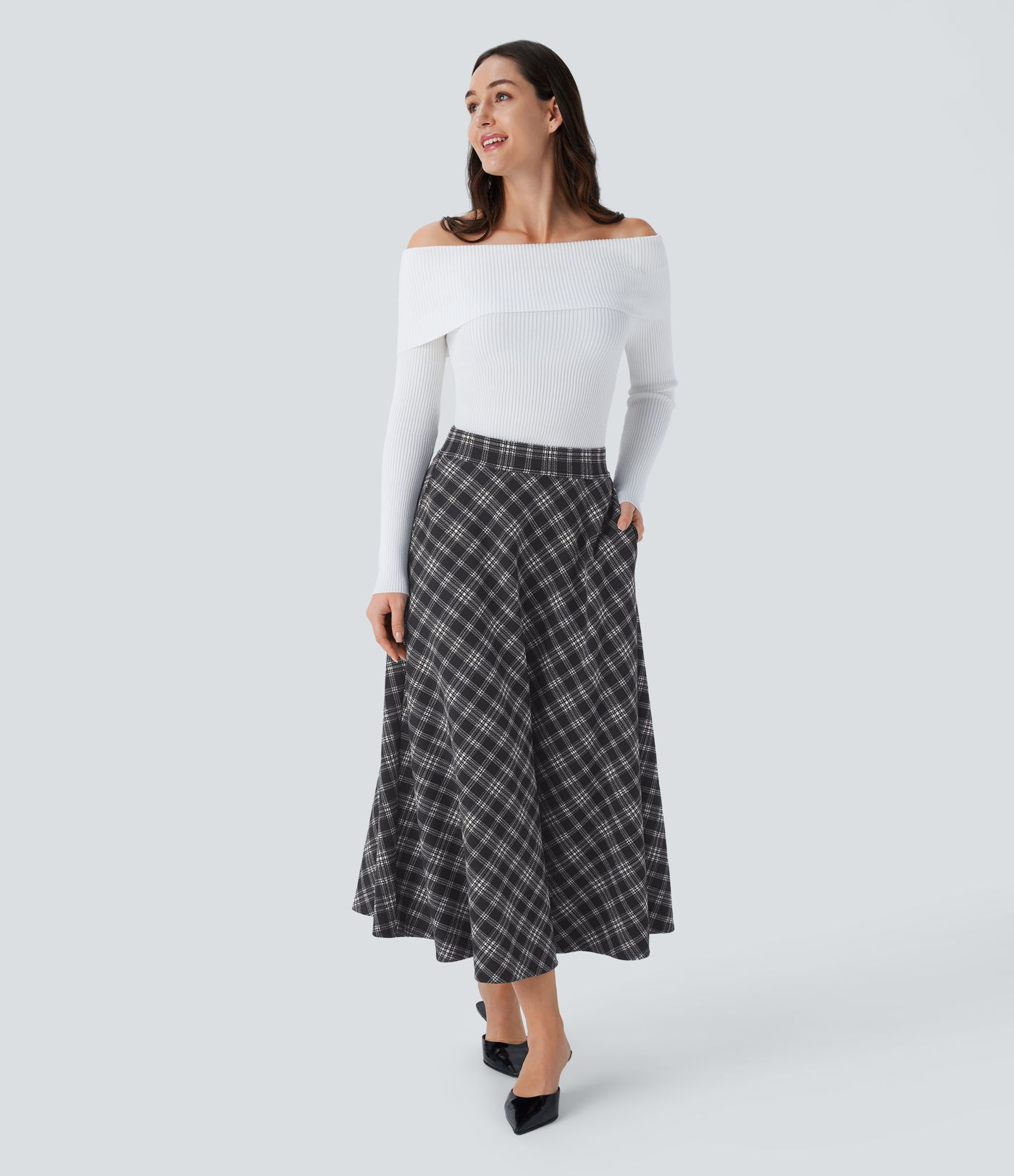High Waisted Pocket Houndstooth Plaid Flare Midi Casual Skirt