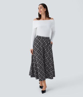 High Waisted Pocket Houndstooth Plaid Flare Midi Casual Skirt