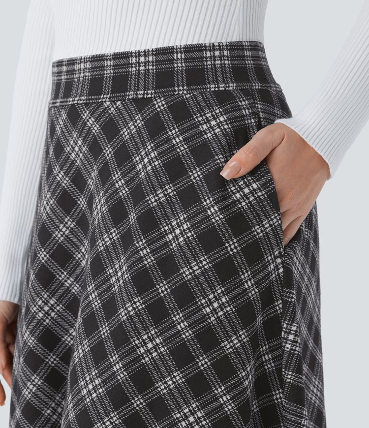 High Waisted Pocket Houndstooth Plaid Flare Midi Casual Skirt