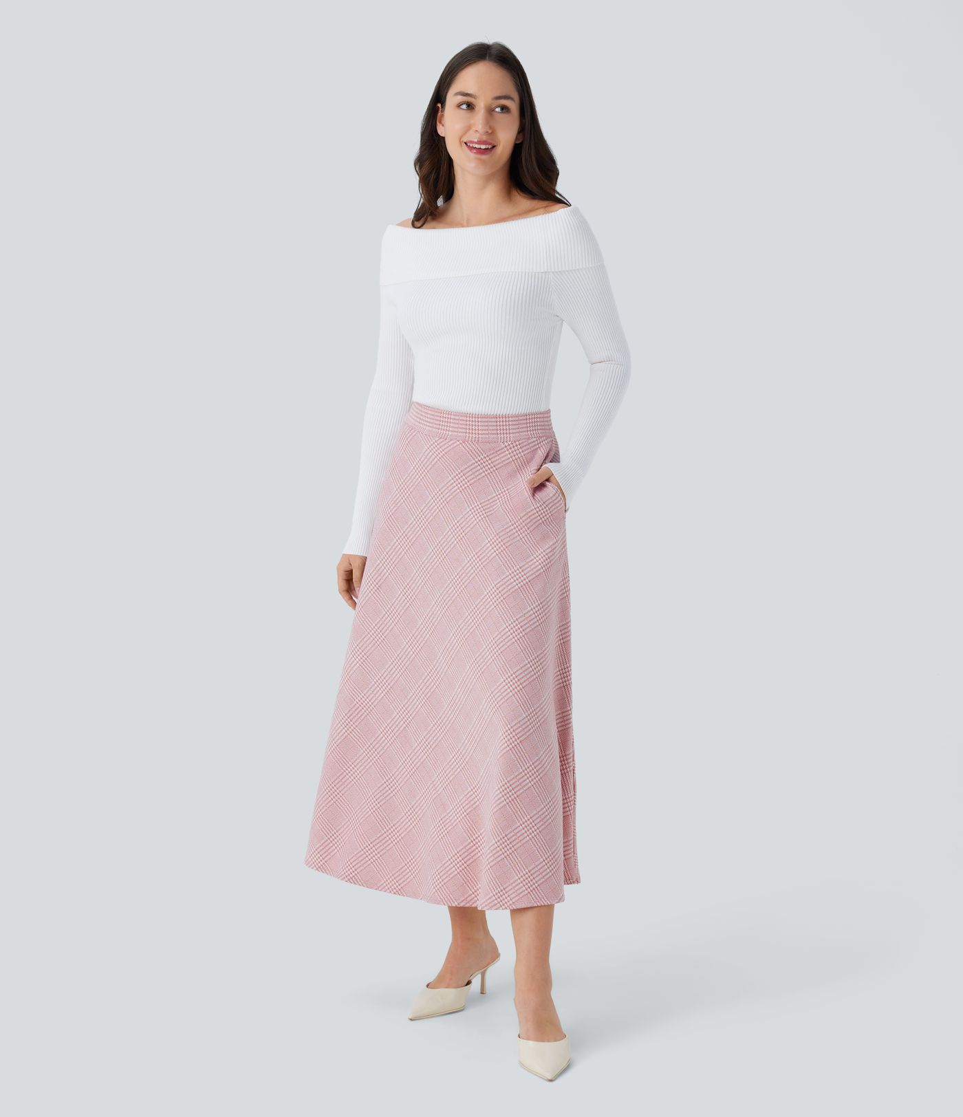 High Waisted Pocket Houndstooth Plaid Flare Midi Casual Skirt