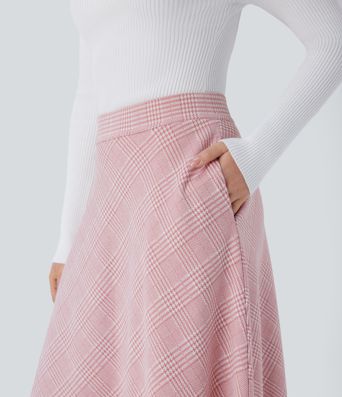 High Waisted Pocket Houndstooth Plaid Flare Midi Casual Skirt