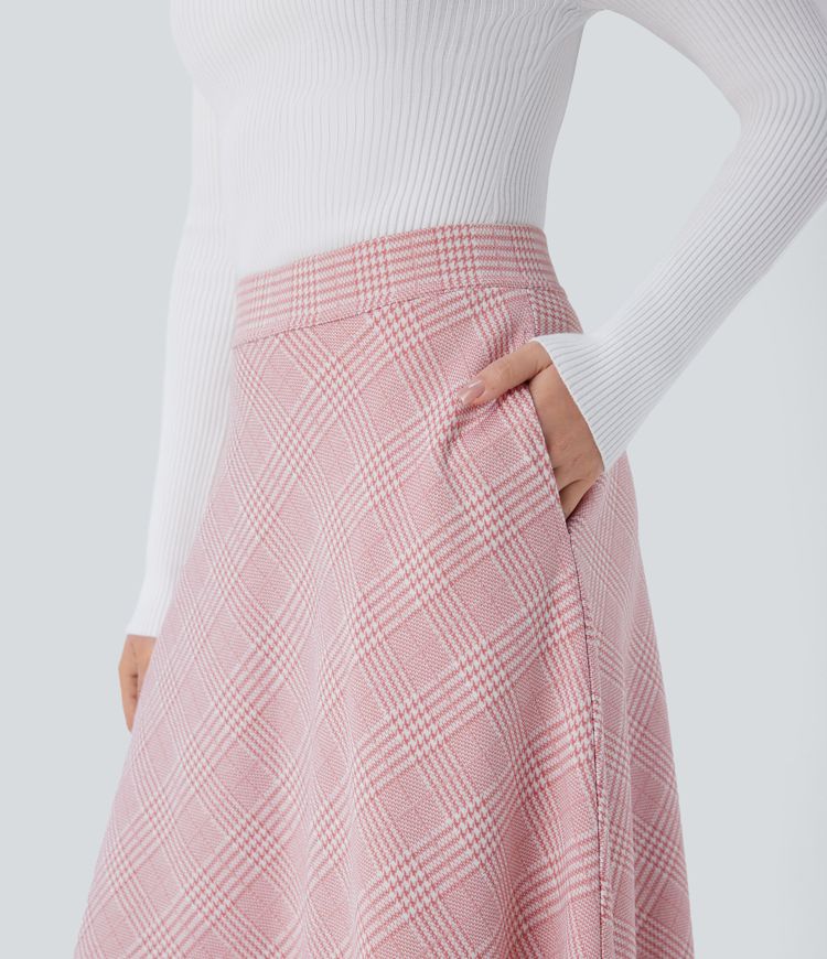 High Waisted Pocket Houndstooth Plaid Flare Midi Casual Skirt