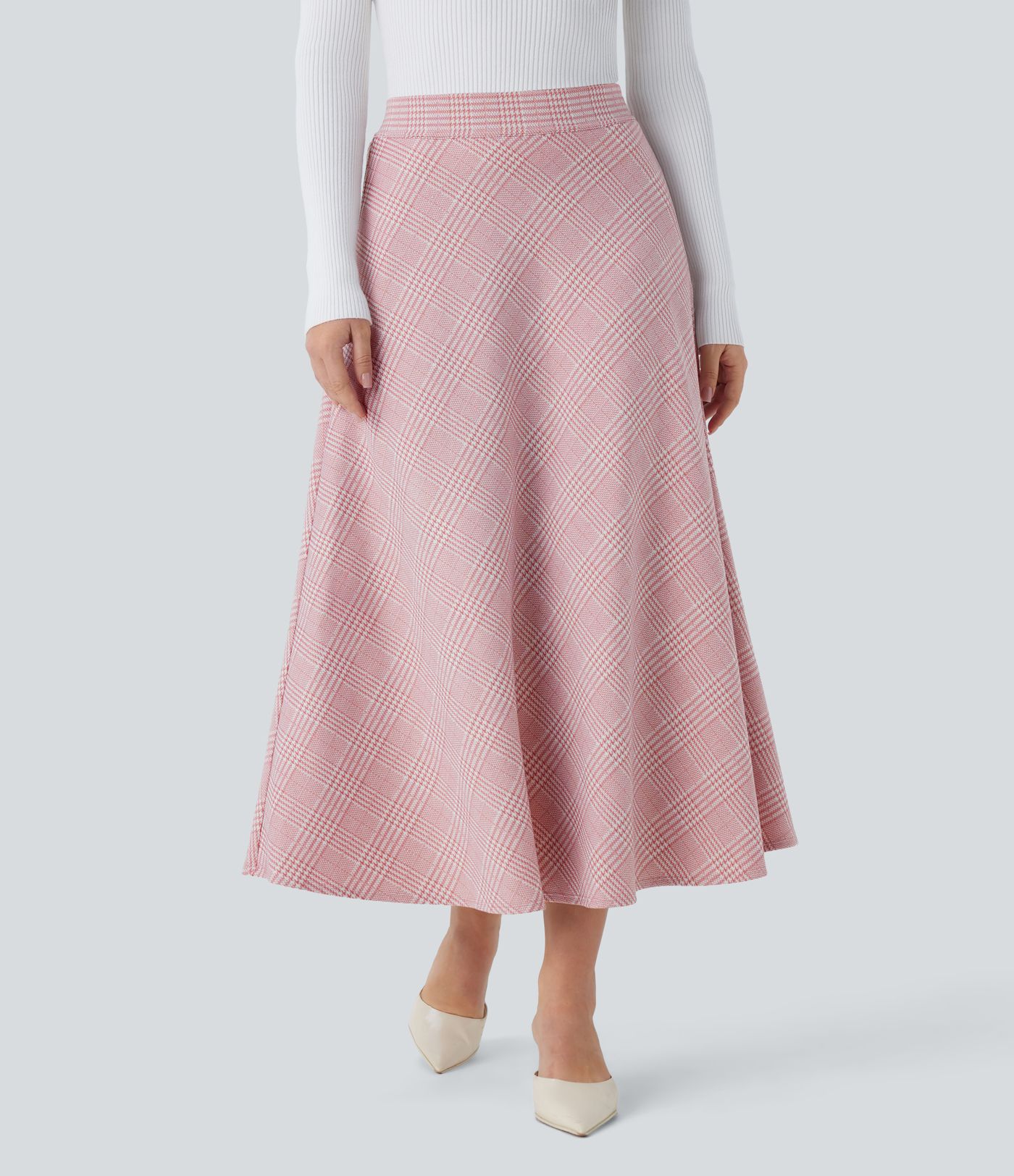 High Waisted Pocket Houndstooth Plaid Flare Midi Casual Skirt
