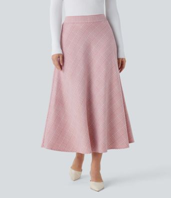 High Waisted Pocket Houndstooth Plaid Flare Midi Casual Skirt