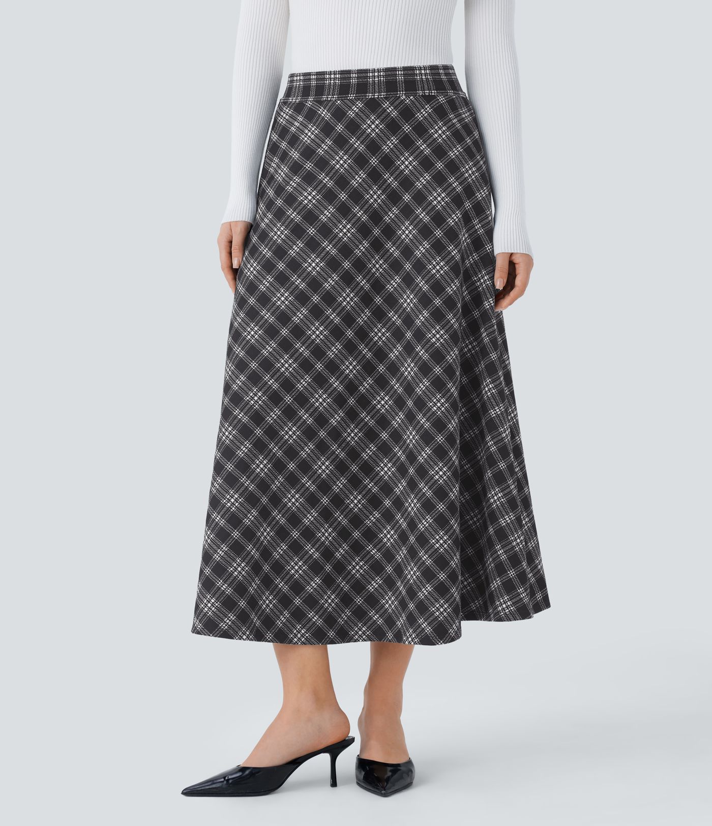 High Waisted Pocket Houndstooth Plaid Flare Midi Casual Skirt