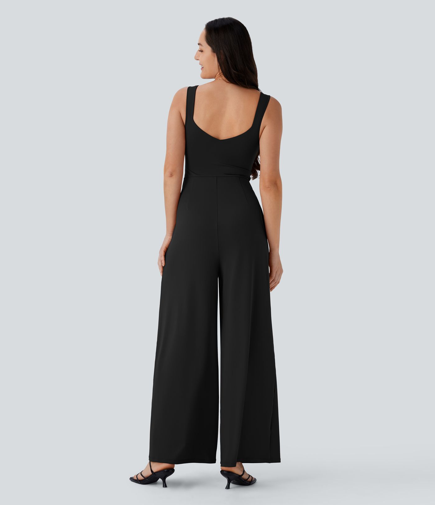 U Back Sleeveless Women Formal Casual Jumpsuit with Pockets