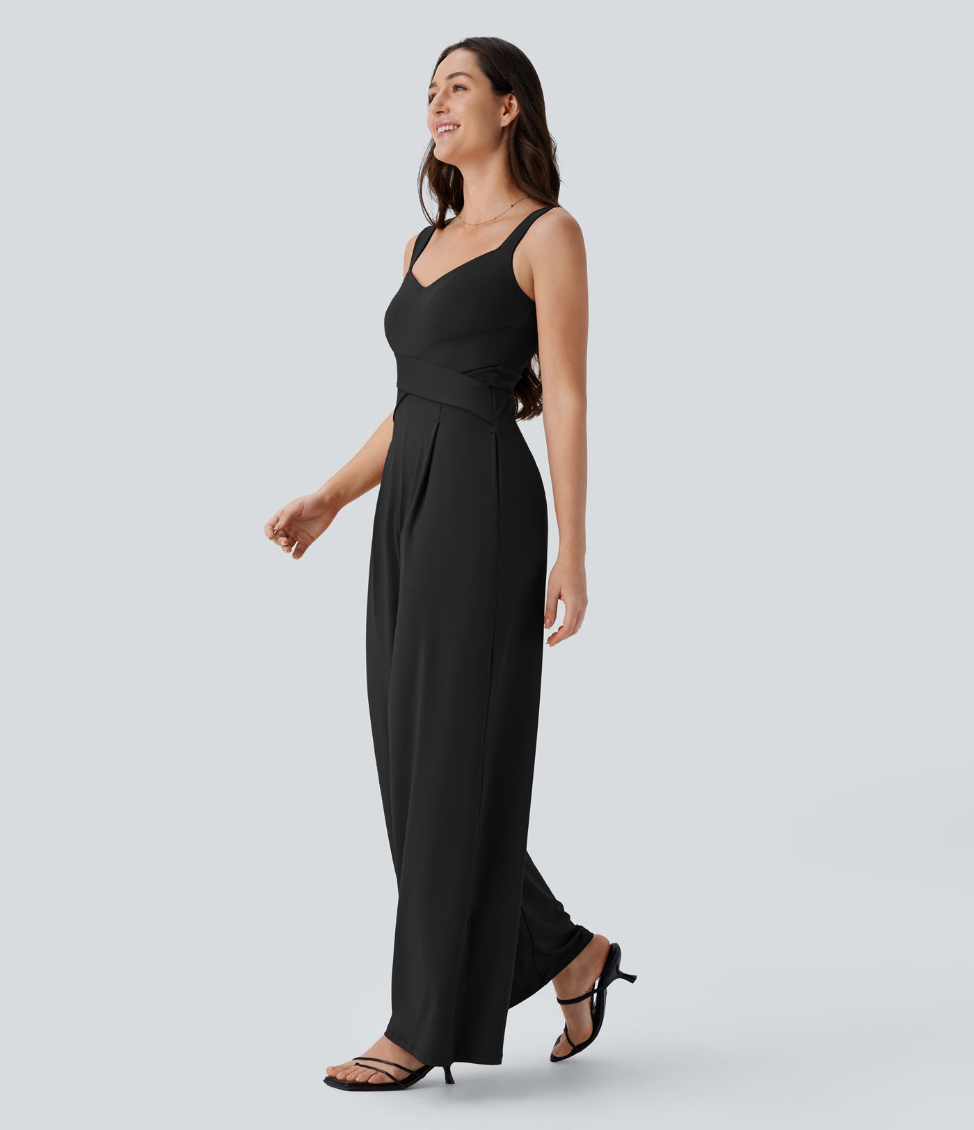 U Back Sleeveless Women Formal Casual Jumpsuit with Pockets