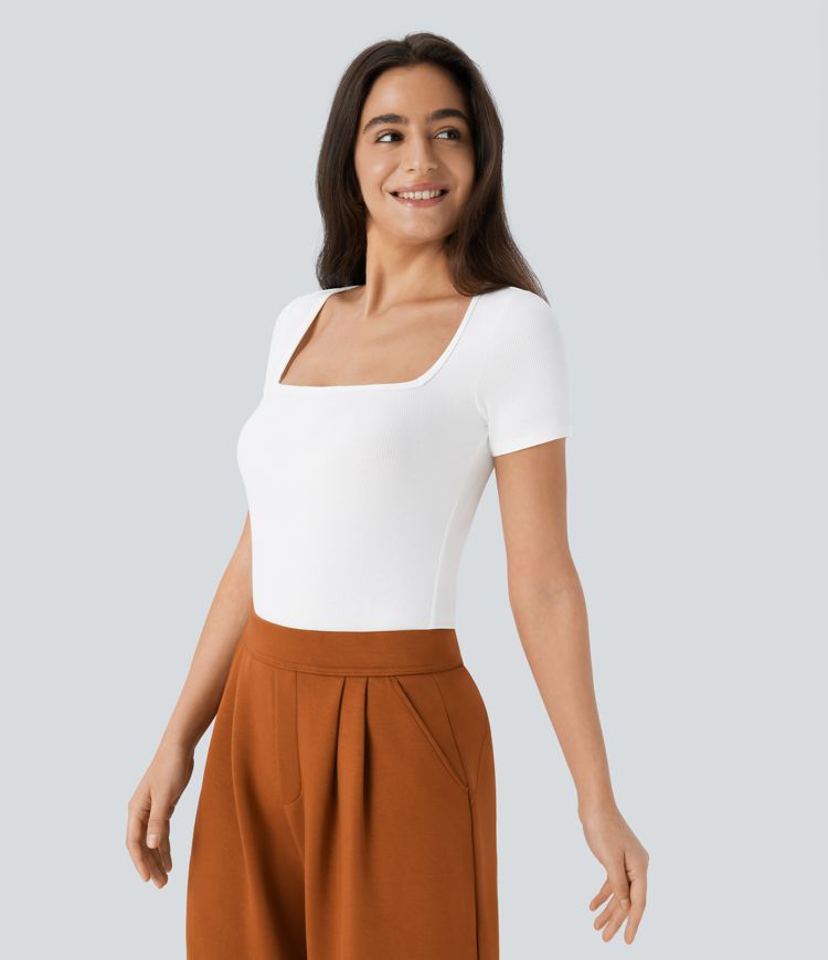 Body côtelé ajusté de travail col carré avec boutons