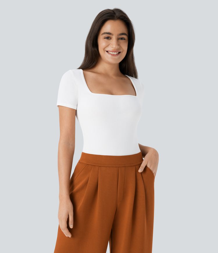 Body côtelé ajusté de travail col carré avec boutons