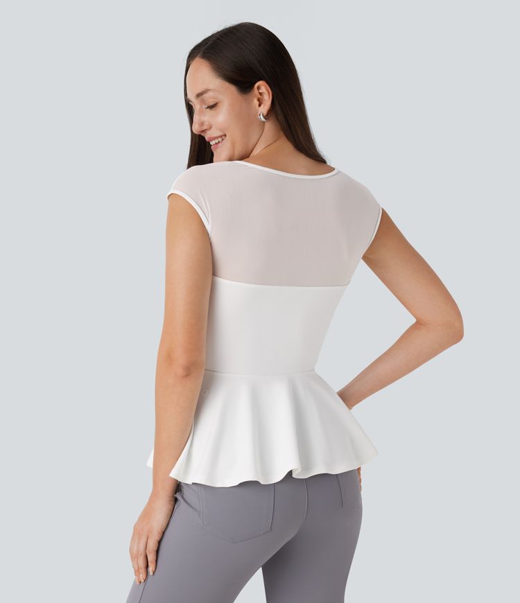 Contrast Mesh Slim Work Peplum Top