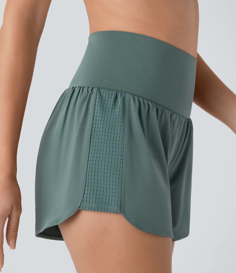 Super High Waisted Contrast Mesh Back Pocket & Side Hidden Pocket 2-in-1 Yoga Shorts 3''