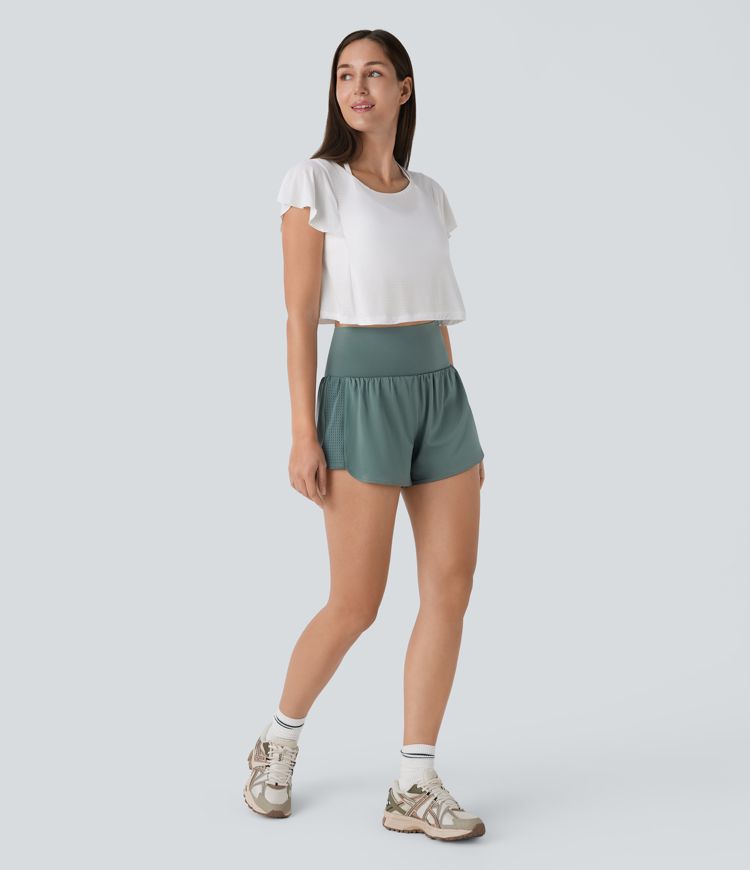 Super High Waisted Contrast Mesh Back Pocket & Side Hidden Pocket 2-in-1 Yoga Shorts 3''