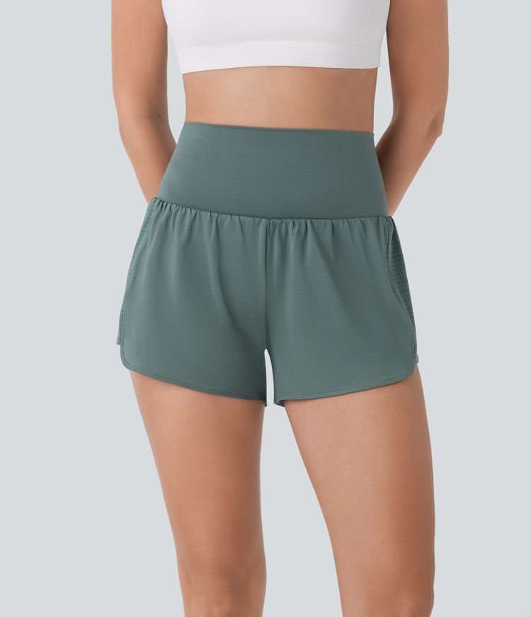 Super High Waisted Contrast Mesh Back Pocket & Side Hidden Pocket 2-in-1 Yoga Shorts 3''
