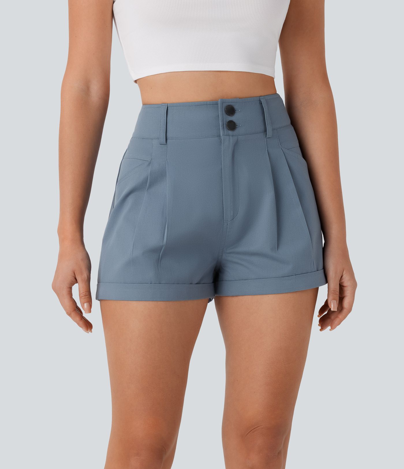 Short décontracté en coton taille haute avec bouton, fermeture éclair et poches multiples
