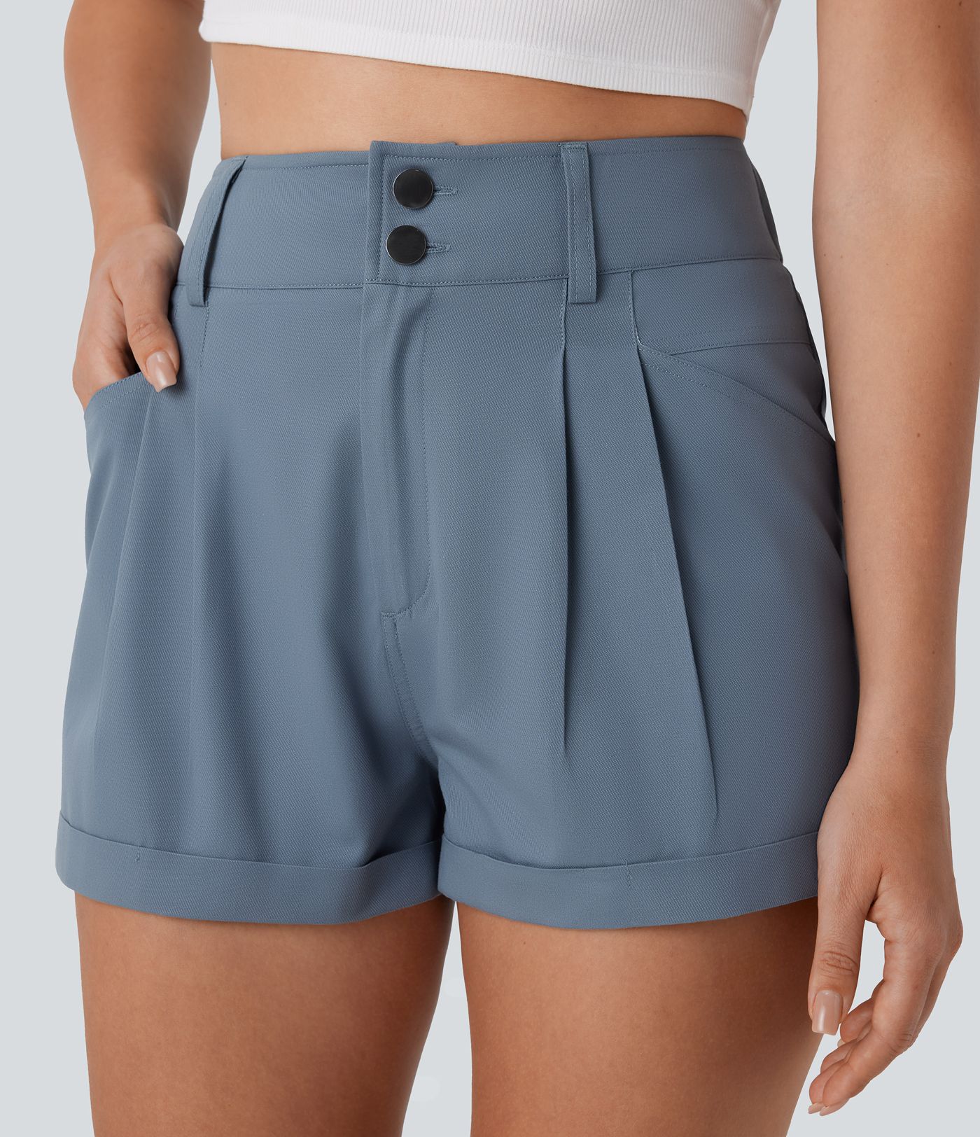 Short décontracté en coton taille haute avec bouton, fermeture éclair et poches multiples