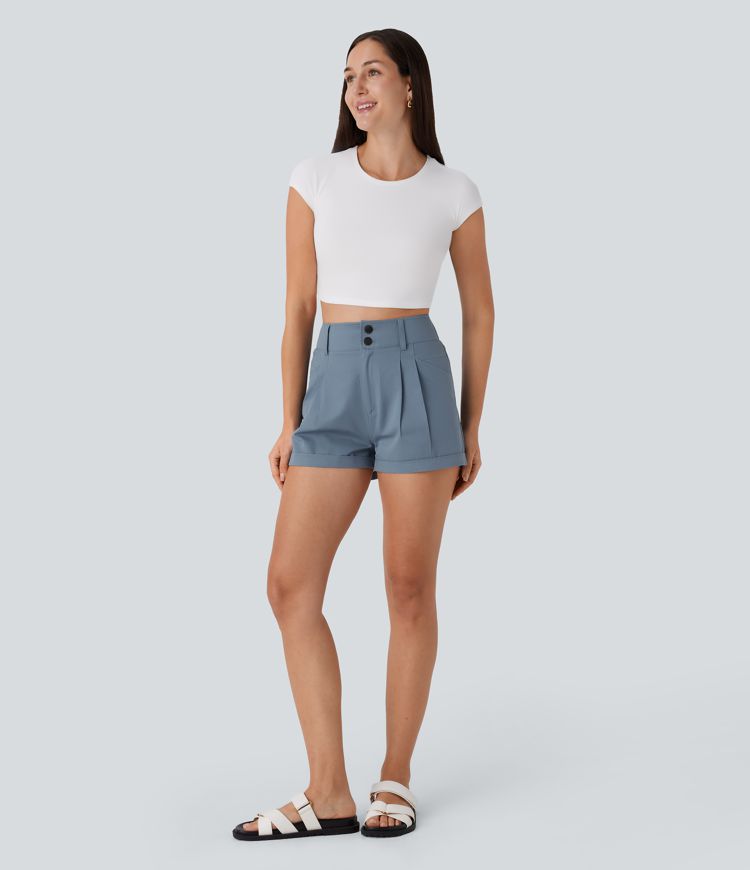 Short décontracté en coton taille haute avec bouton, fermeture éclair et poches multiples