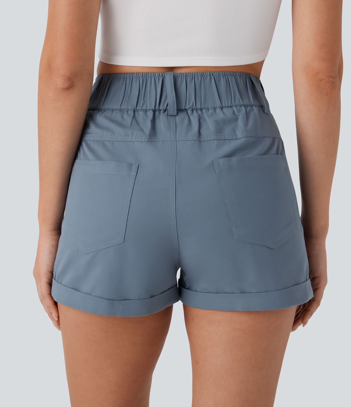 Short décontracté en coton taille haute avec bouton, fermeture éclair et poches multiples