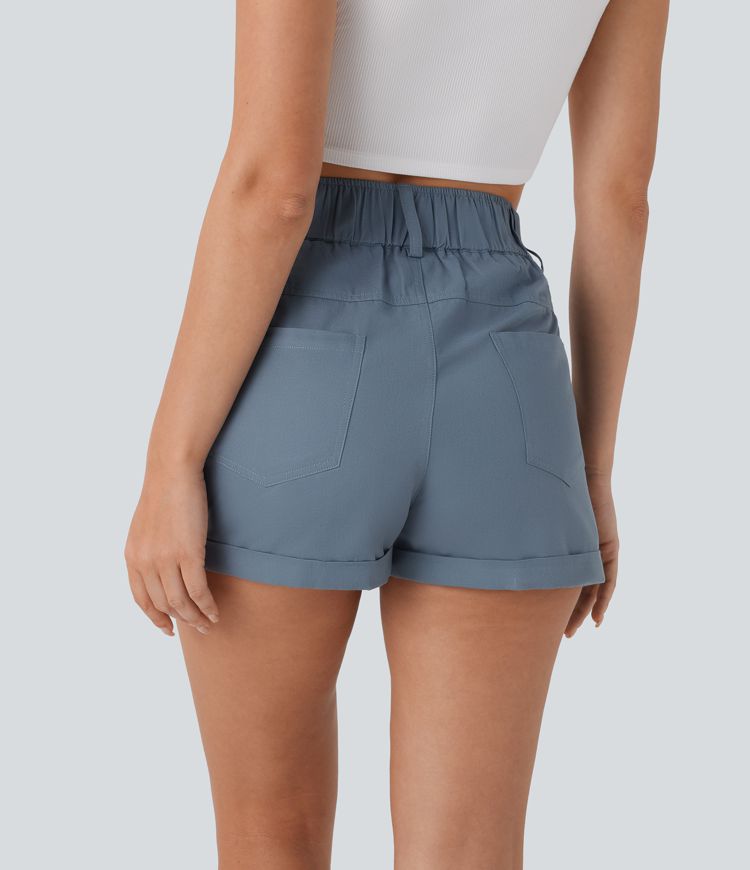 Short décontracté en coton taille haute avec bouton, fermeture éclair et poches multiples