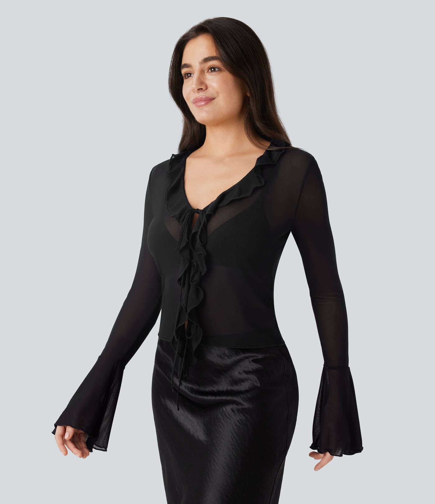 Sheer Mesh V Neck Flounce Sleeve Ruffle Tie Front Casual Top