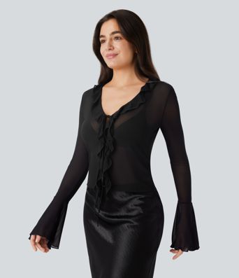 Sheer Mesh V Neck Flounce Sleeve Ruffle Tie Front Casual Top
