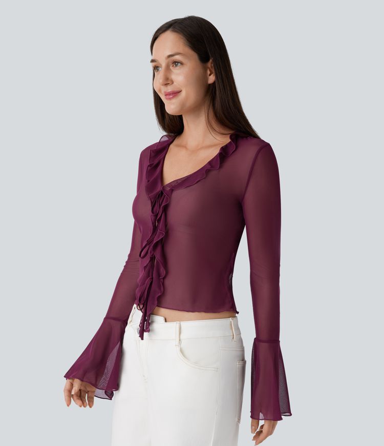 Haut décontracté en maille transparente col V manches volantées à froufrous avec lien à nouer devant