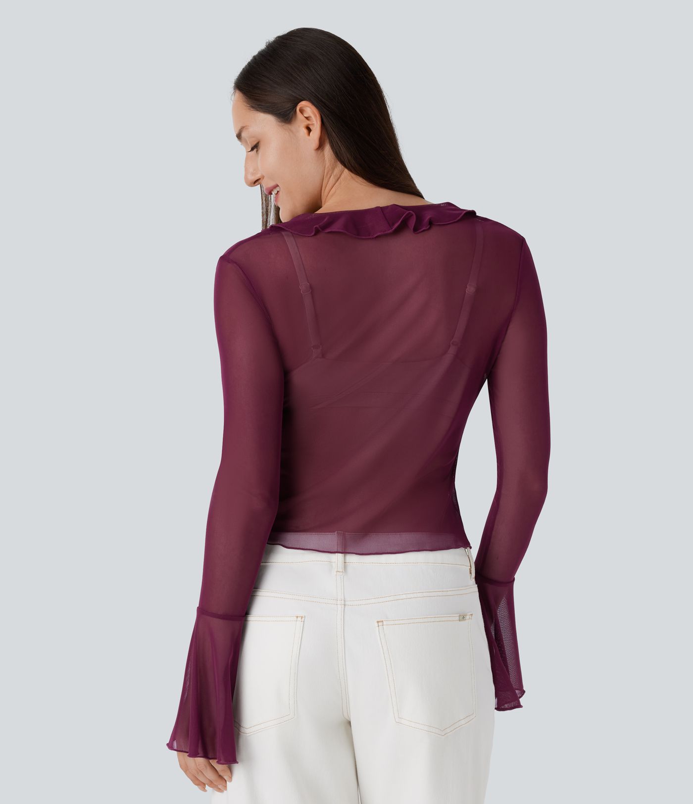 Blusa cuello V manga volante lazo delantera malla transparente