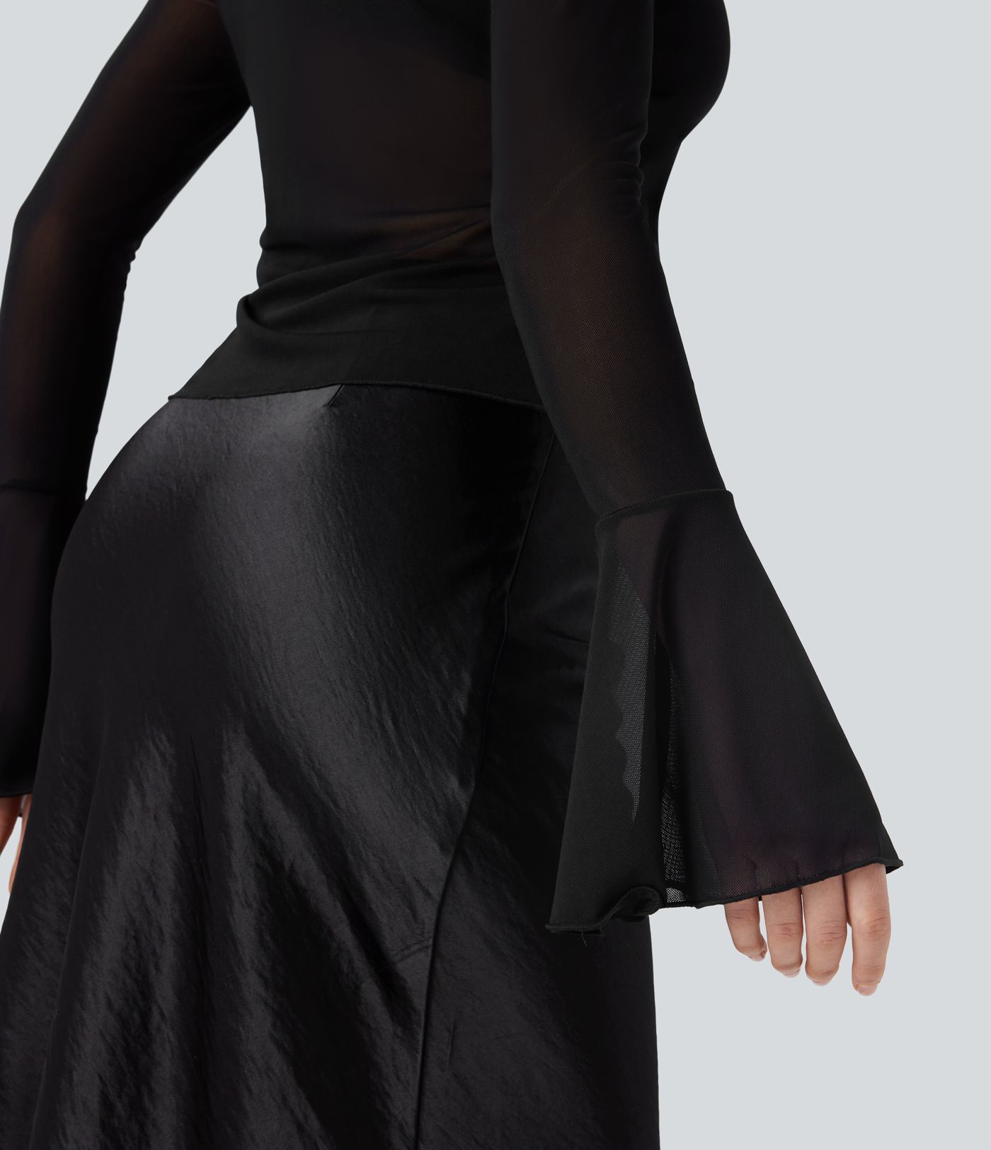 Sheer Mesh V Neck Flounce Sleeve Ruffle Tie Front Casual Top