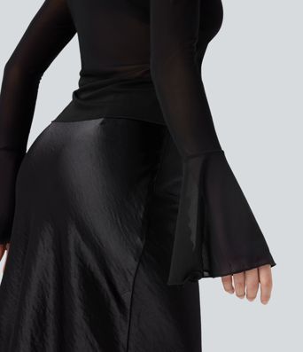 Sheer Mesh V Neck Flounce Sleeve Ruffle Tie Front Casual Top