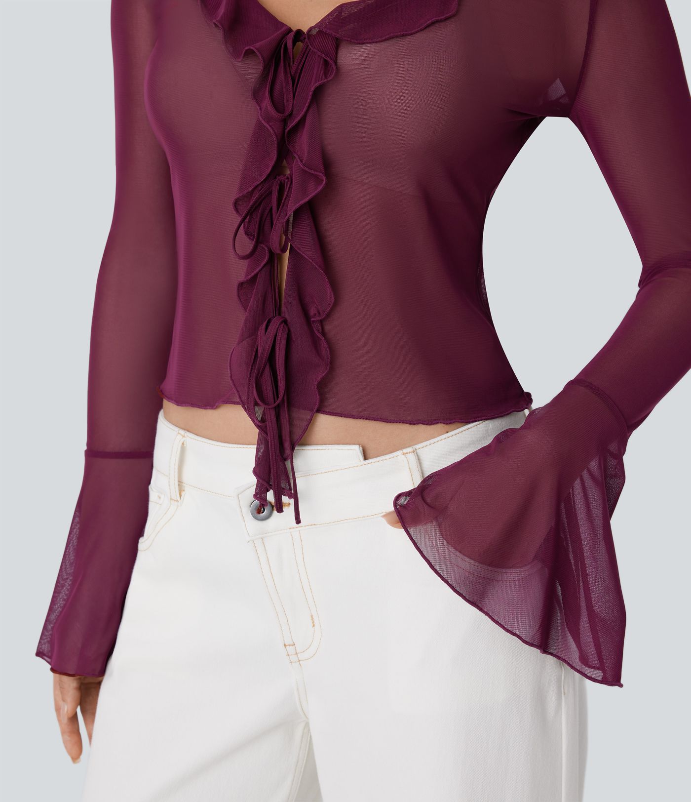 Blusa cuello V manga volante lazo delantera malla transparente