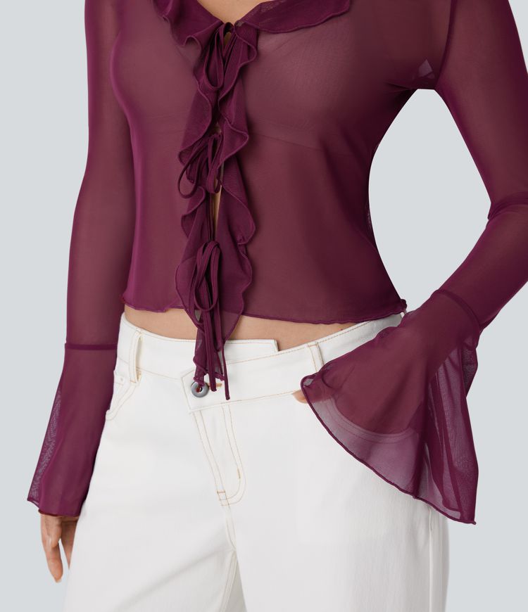 Haut décontracté en maille transparente col V manches volantées à froufrous avec lien à nouer devant