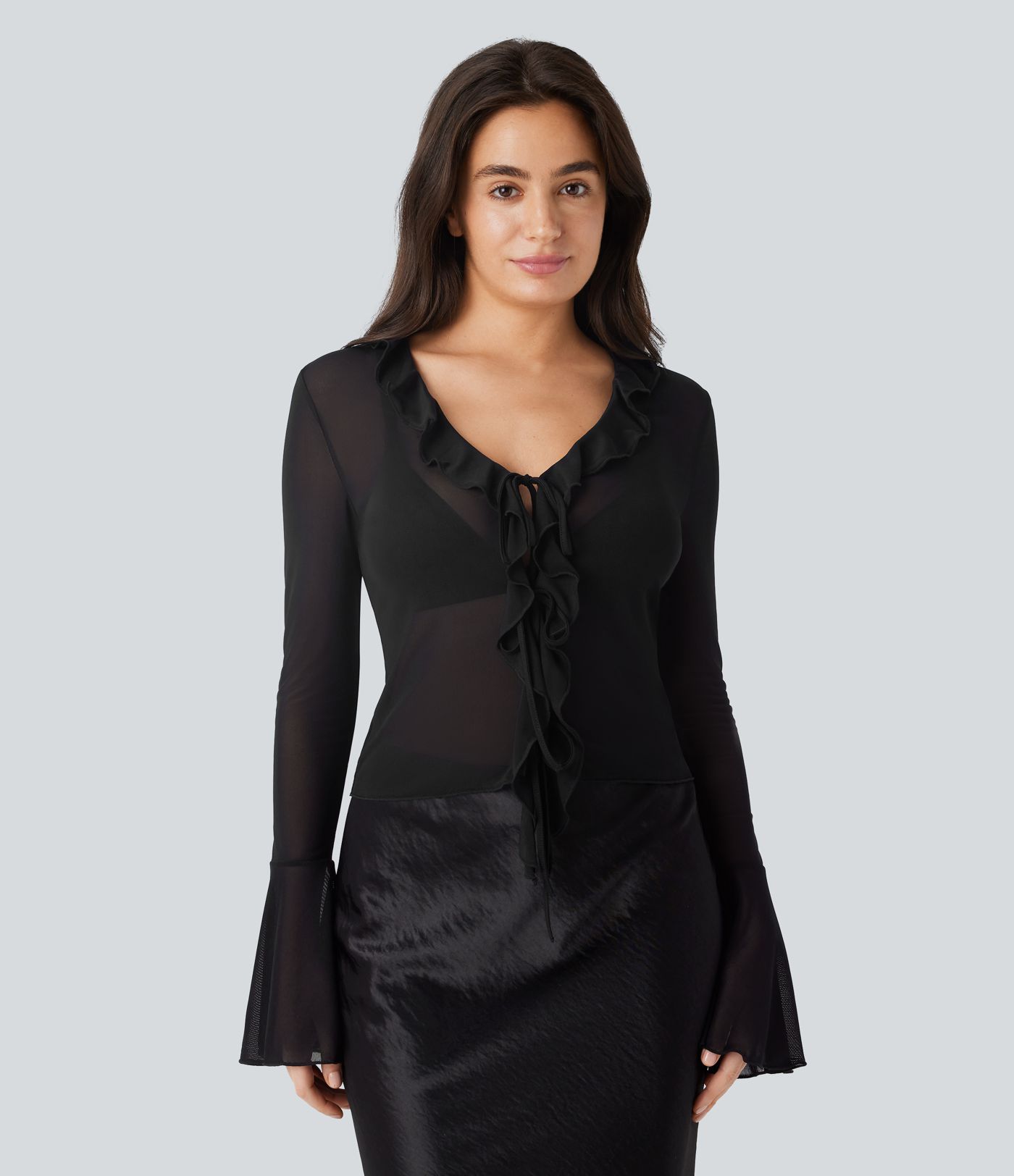 Sheer Mesh V Neck Flounce Sleeve Ruffle Tie Front Casual Top