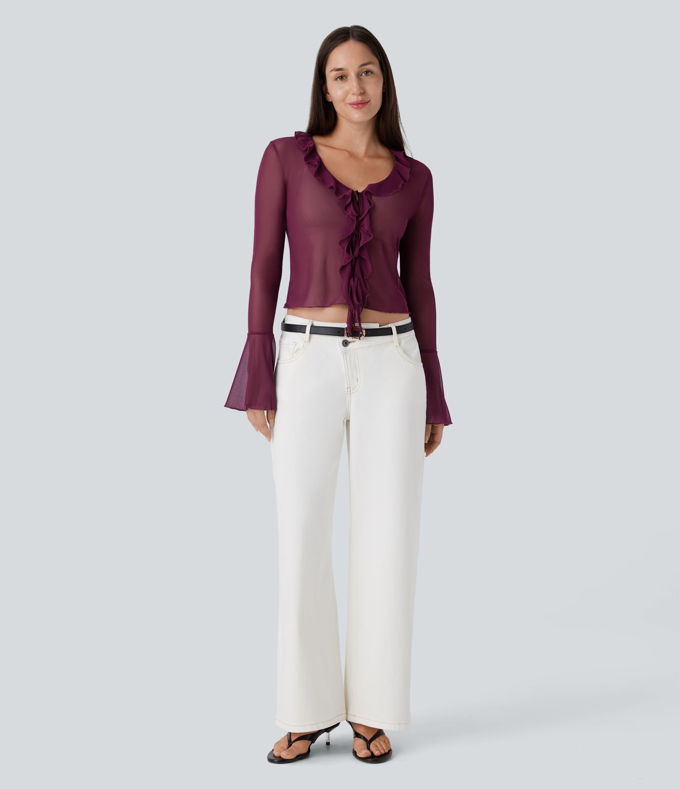 Blusa cuello V manga volante lazo delantera malla transparente